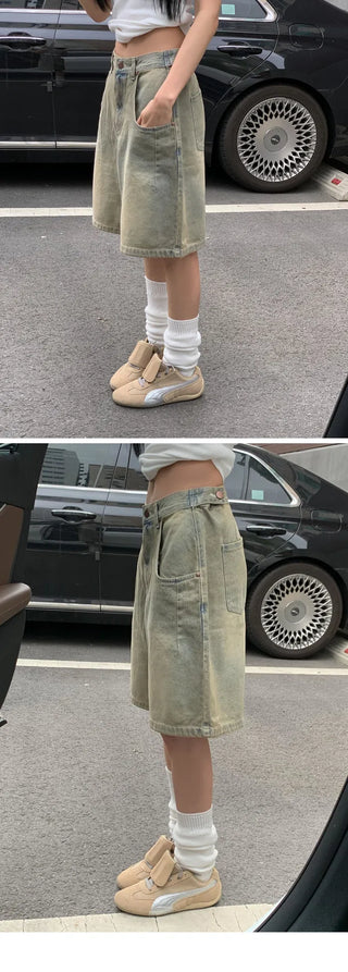 Two-buckle Bermuda Vintage Faded Denim 3/4 Length Pants pt