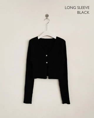 (Short-sleeved/Long-sleeved) Pastel Cropped V-neck Slim Button Ribbed Cardigan