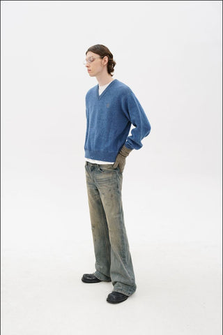[MASONPRINCE] Double-Sided Jacquard V-Neck Wool Blend Sweater