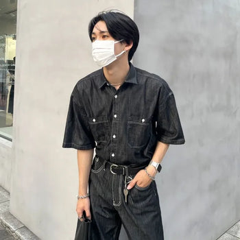 Stitched raw denim shirt