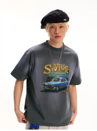 [Monterest] Washed Car Print Relaxed Fit Tee