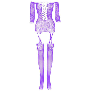 Long sleeve off shoulder lace fishnet strappy bodystocking