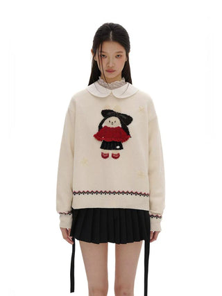 [Moromoro2] Rabbit Embroidered Fair Isle Knit  Sweater
