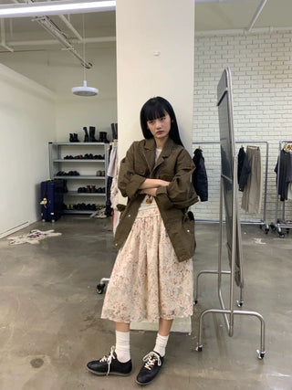 [NEVERSEEZ] Layered Lace Floral Midi Skirt