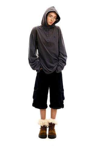 [Moromoro2] Striped Henry Collar Hooded Long Sleeve  Tee