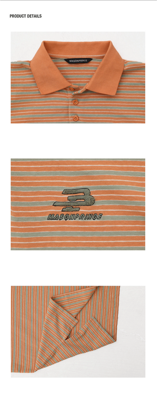 [MASONPRINCE] Distressed Striped Embroidered Polo Shirt