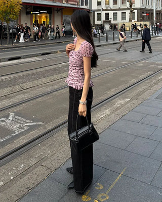 Polka Dot Gathered Slim Short-Sleeve Blouse