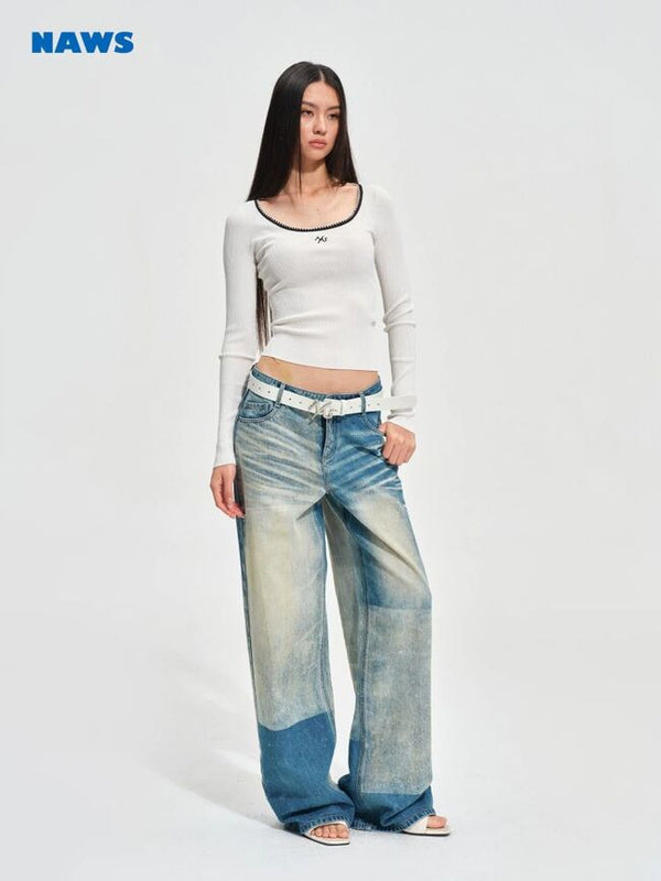 [NOTAWEAR] Washed Patchwork Wide Leg Jeans