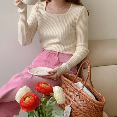 (5 colors) Ribbed Square Neck Knit Top