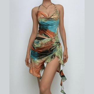 Halter print cowl neck o ring ruffle mini dress
