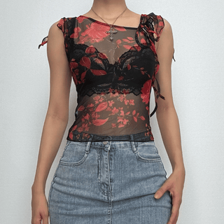 Irregular sheer mesh print ruffle top