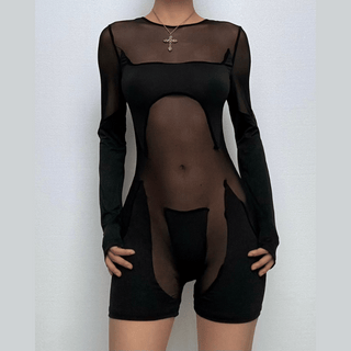 Long sleeve crewneck mesh patchwork zip-up romper