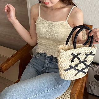 Ribbon Rattan Tote Bag
