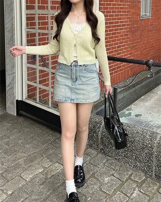 Washed denim mini skirt