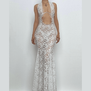 Halter lace see through hollow out cut out maxi dress-final-sale