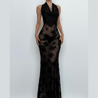 Cowl neck halter flower pattern mesh maxi dress