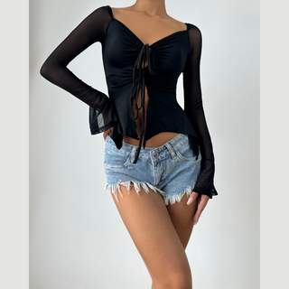 Off shoulder long sleeve mesh slit ruched self tie top