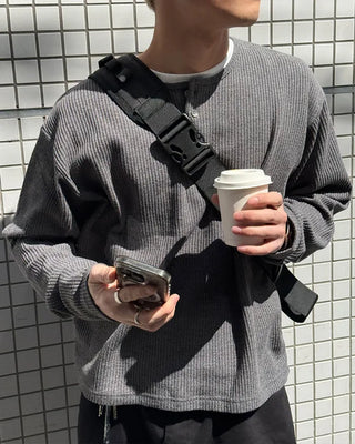 Shell Button Waffle Henley Neck T-Shirt