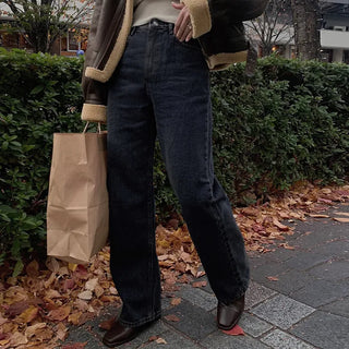 (basic/long) Fleece-lined wide-leg denim pants - 4 sizes