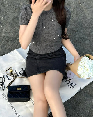 Pearl Cable Knit Short Sleeve Knit