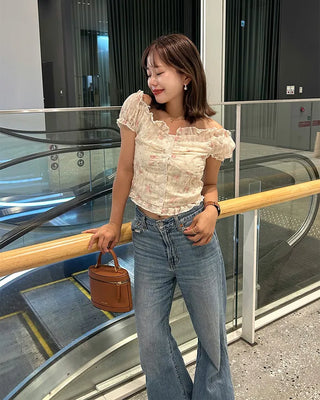 Frill puff sleeve short-sleeved blouse