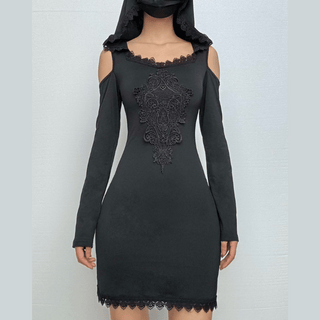 Hoodie long sleeve lace hem embroidery hollow out cut out mini dress