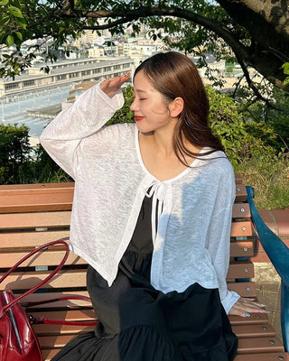 Ribbon knot sheer knit cardigan