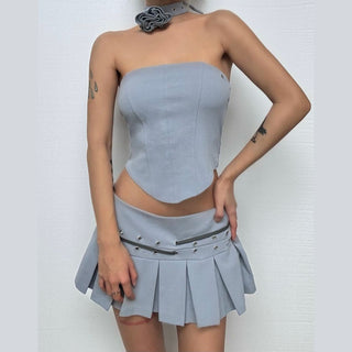 Irregular flower applique pleated mini skirt set