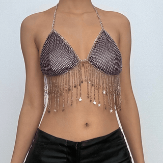 Metal chain halter beaded v neck tassels top