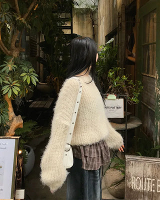 Boat neck cropped shaggy knit