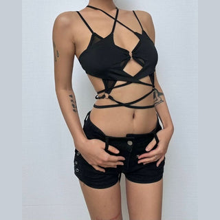 Hollow out self tie o ring cross front cami cut out top