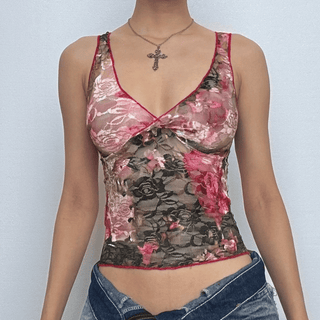 Lace v neck flower pattern stitch tank top