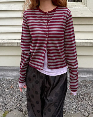 Round neck striped knit cardigan