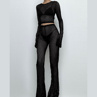 Long flared sleeve hollow out see through crop pant set