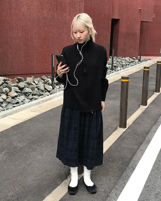 Asymmetrical pleated knit zip-up