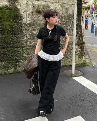 Lace Shirring Half-Sleeve T-Shirt