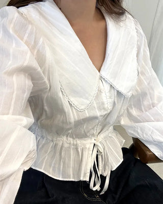 Big collar shirred waist blouse