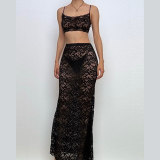 Lace see through u neck backless cami maxi skirt set