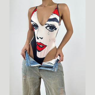 V neck portrait print button cami bodysuit