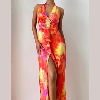 Slit halter self tie v neck print maxi dress