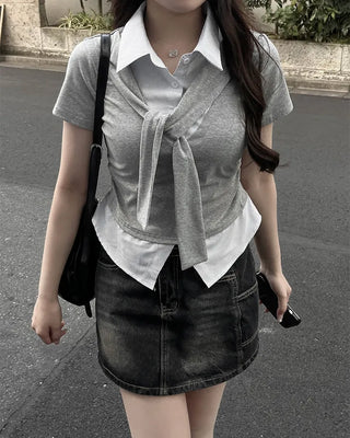 Shoulder Tie Shirt Layered T-Shirt