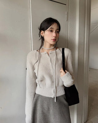 (4 colors) Ribbon Strap Fur Cardigan