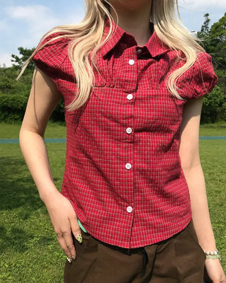 Checked shirred short-sleeved blouse