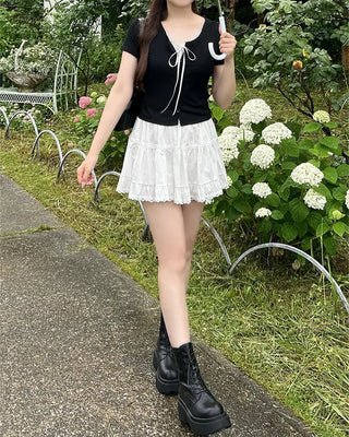 Tiered lace ruffle mini skirt