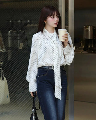 Polka Dot Ribbon Tie Blouse
