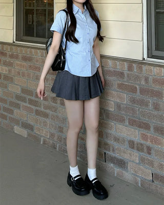 Belted Pinstripe Pleated Mini Skirt