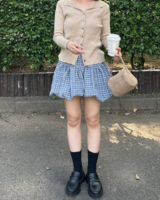 Belted check balloon mini skirt
