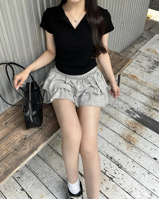 Open-collar shirred half-length T-shirt