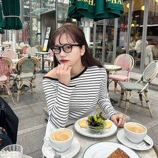 Striped Button One-Shoulder T-Shirt