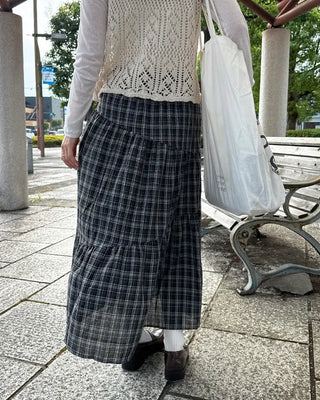 Checked Shirred Long Skirt